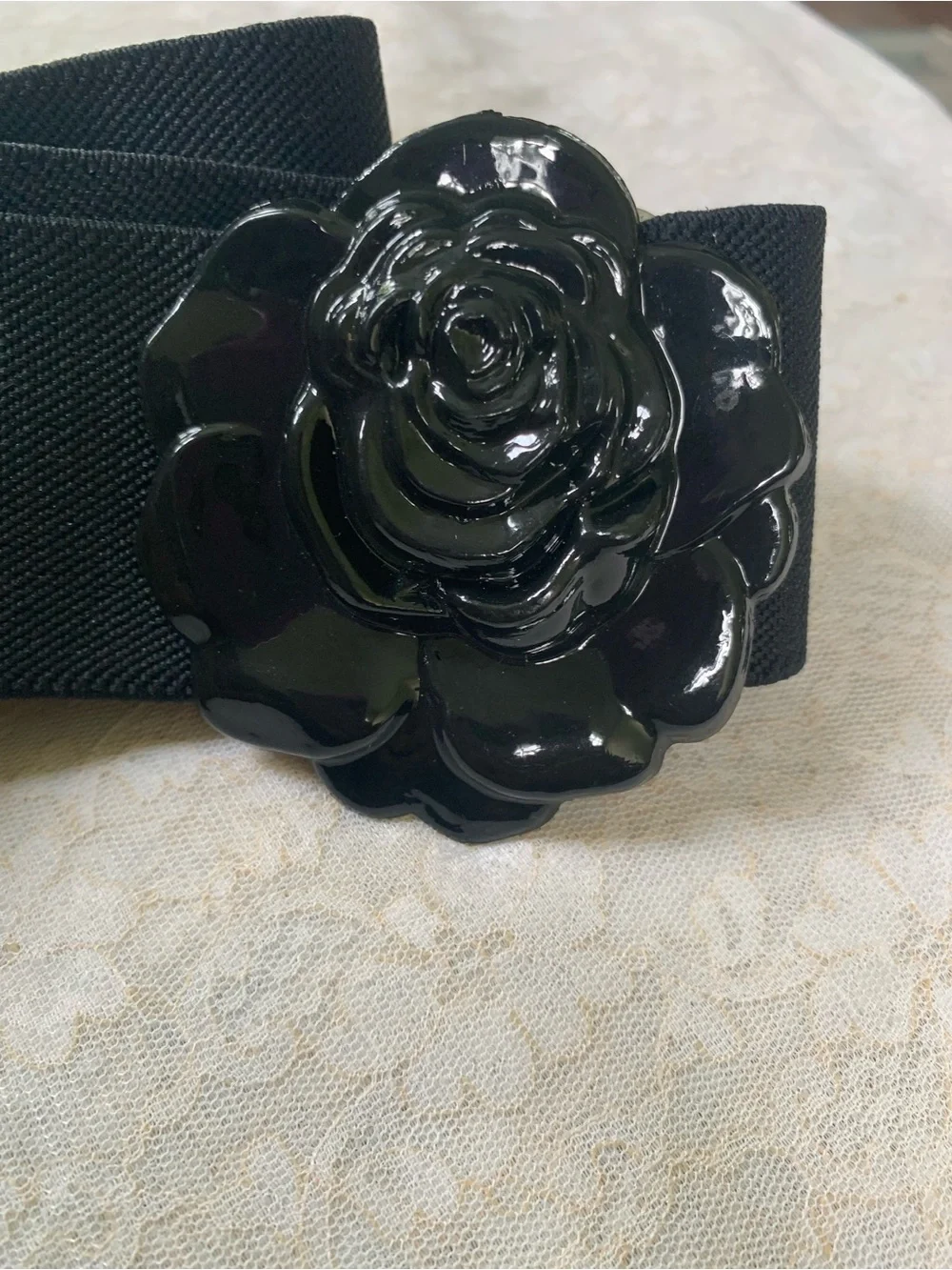 Women’s Black Rose Flower Elastic Stretch Belt | Retro Wide Dress Cinch Band